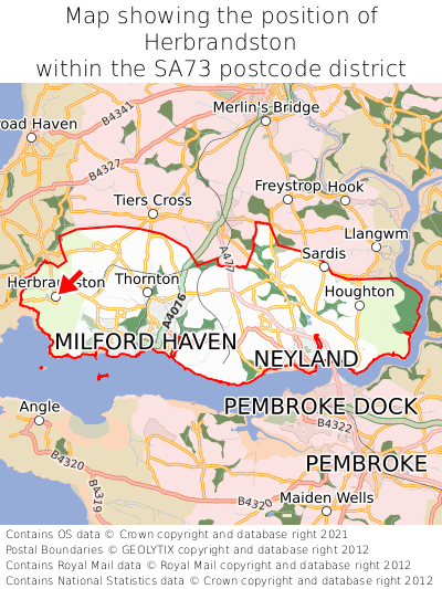 Map showing location of Herbrandston within SA73