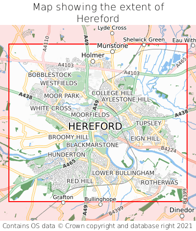 Map showing extent of Hereford as bounding box