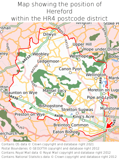 Map showing location of Hereford within HR4