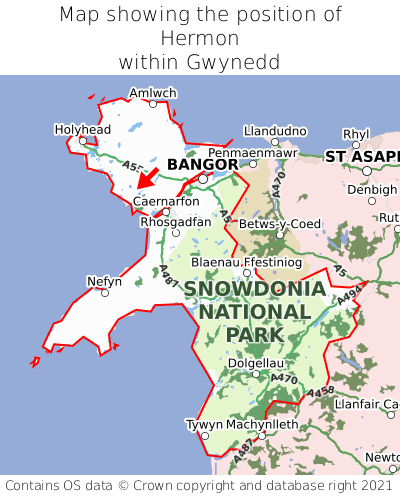 Map showing location of Hermon within Gwynedd