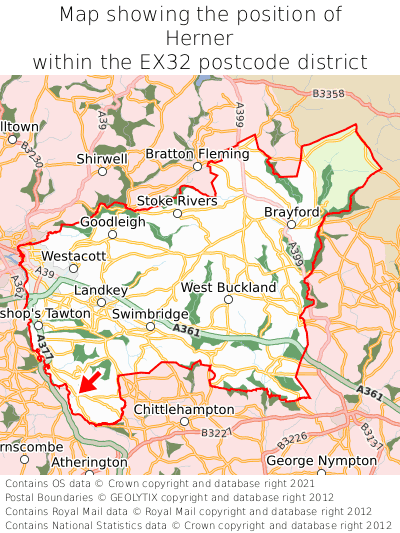 Map showing location of Herner within EX32