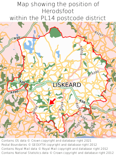 Map showing location of Herodsfoot within PL14