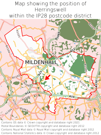 Map showing location of Herringswell within IP28