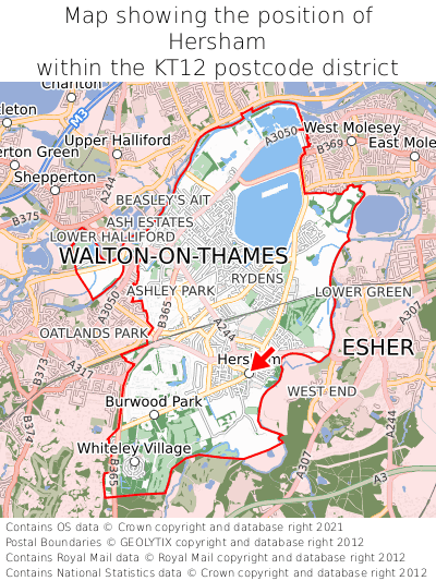 Map showing location of Hersham within KT12
