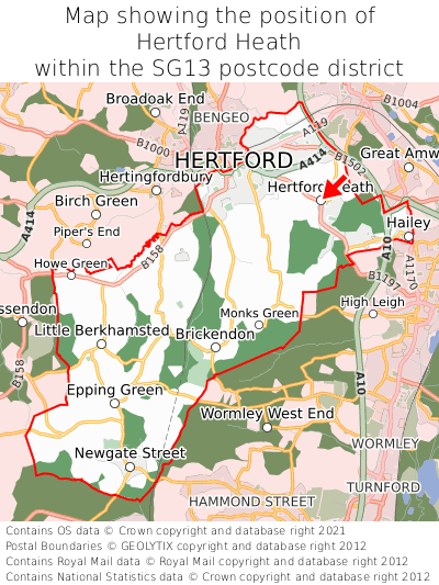 Map showing location of Hertford Heath within SG13