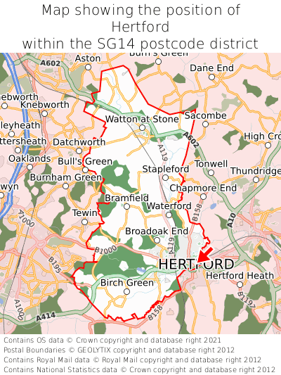 Map showing location of Hertford within SG14