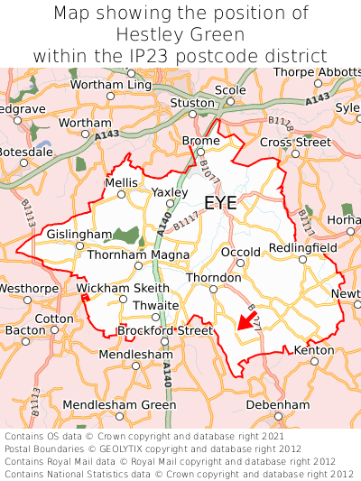 Map showing location of Hestley Green within IP23
