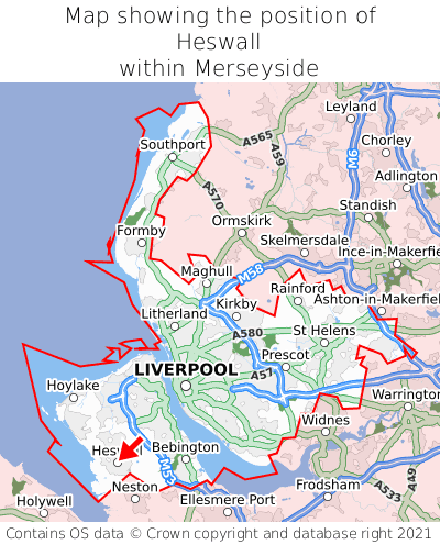 Map showing location of Heswall within Merseyside