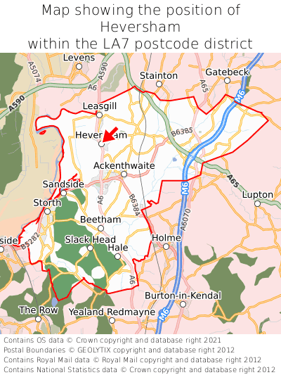 Map showing location of Heversham within LA7