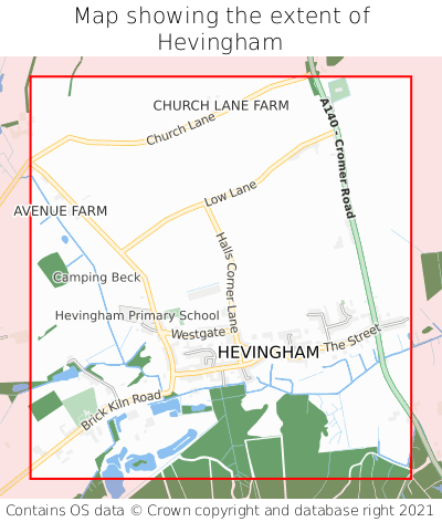 Map showing extent of Hevingham as bounding box
