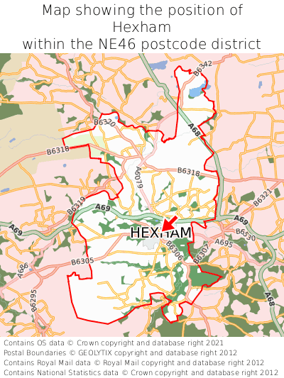 Map showing location of Hexham within NE46