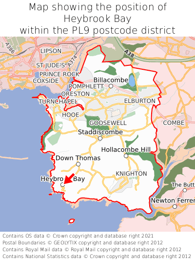 Map showing location of Heybrook Bay within PL9