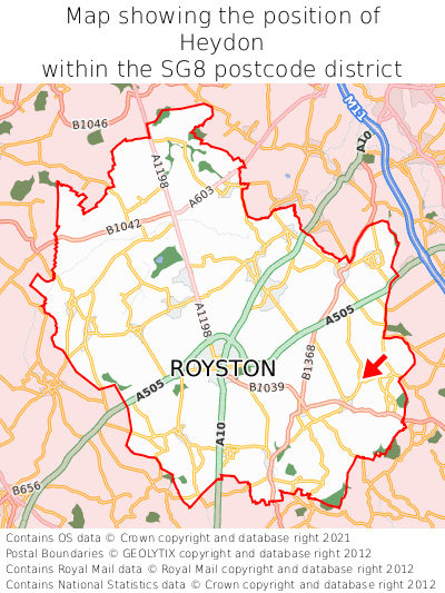 Map showing location of Heydon within SG8