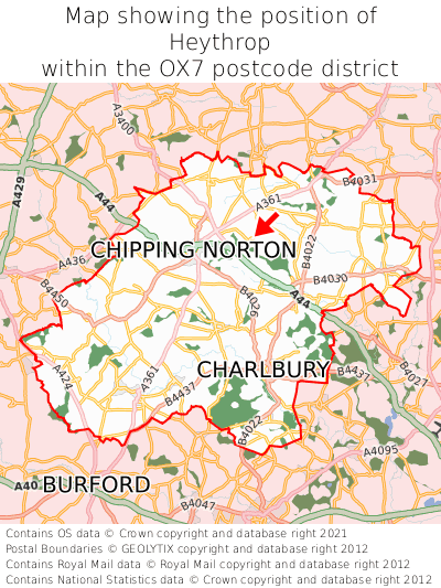 Map showing location of Heythrop within OX7