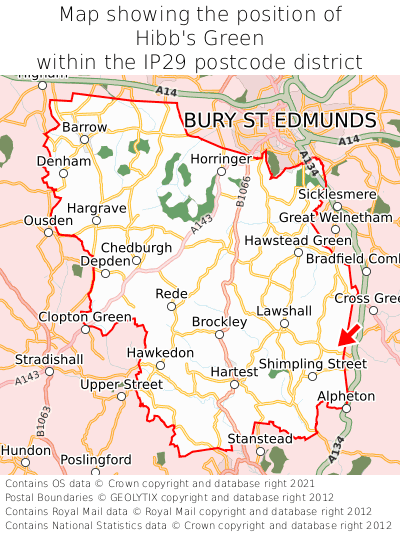 Map showing location of Hibb's Green within IP29