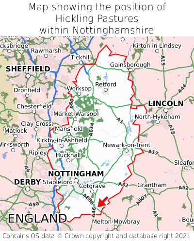 Map showing location of Hickling Pastures within Nottinghamshire