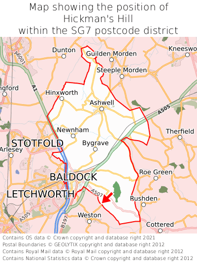 Map showing location of Hickman's Hill within SG7