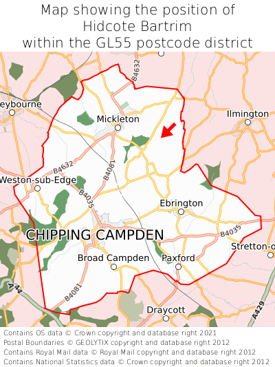 Map showing location of Hidcote Bartrim within GL55