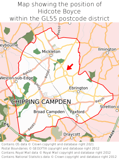 Map showing location of Hidcote Boyce within GL55