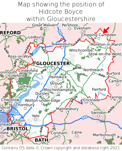 Map showing location of Hidcote Boyce within Gloucestershire