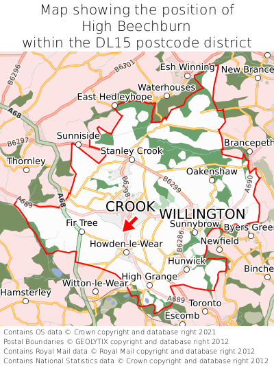 Map showing location of High Beechburn within DL15