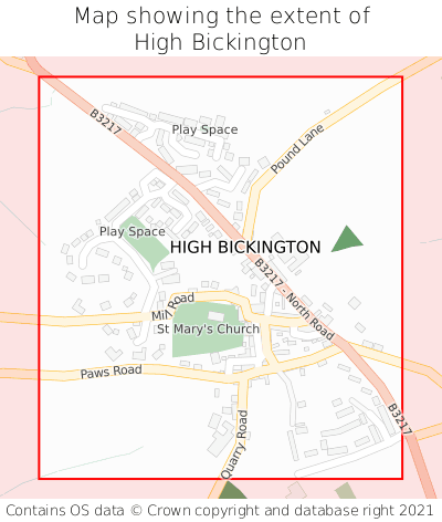 Map showing extent of High Bickington as bounding box