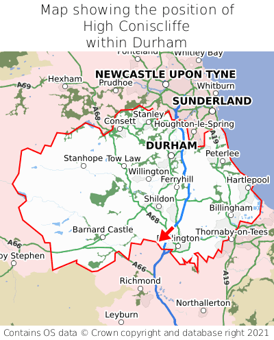Map showing location of High Coniscliffe within Durham