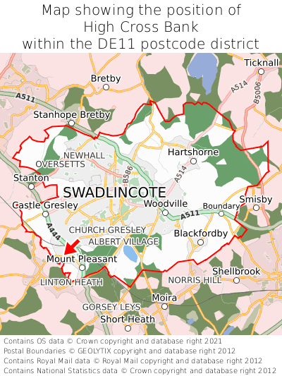 Map showing location of High Cross Bank within DE11