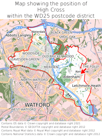 Map showing location of High Cross within WD25