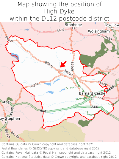 Map showing location of High Dyke within DL12