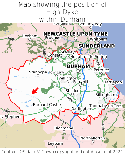 Map showing location of High Dyke within Durham