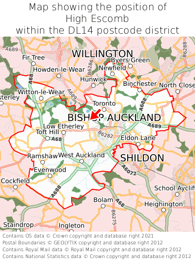 Map showing location of High Escomb within DL14