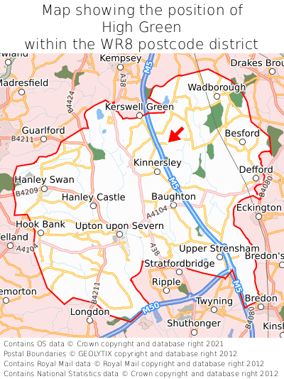 Map showing location of High Green within WR8