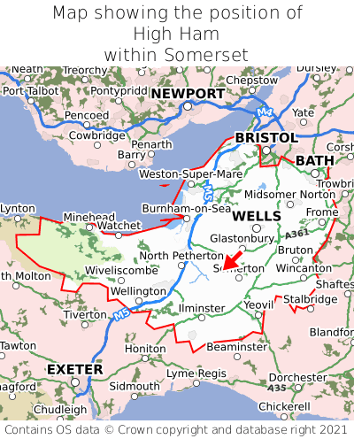 Map showing location of High Ham within Somerset