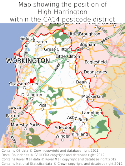 Map showing location of High Harrington within CA14