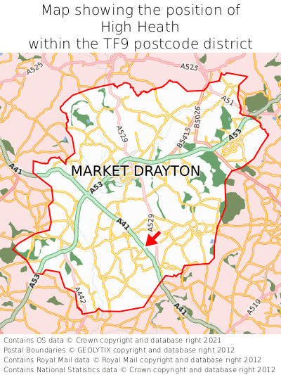 Map showing location of High Heath within TF9
