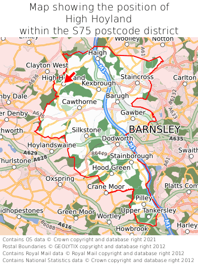 Map showing location of High Hoyland within S75