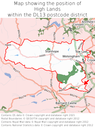 Map showing location of High Lands within DL13