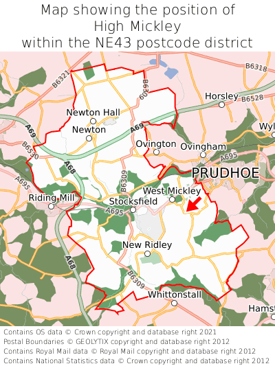 Map showing location of High Mickley within NE43