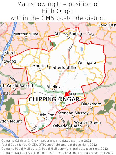 Map showing location of High Ongar within CM5