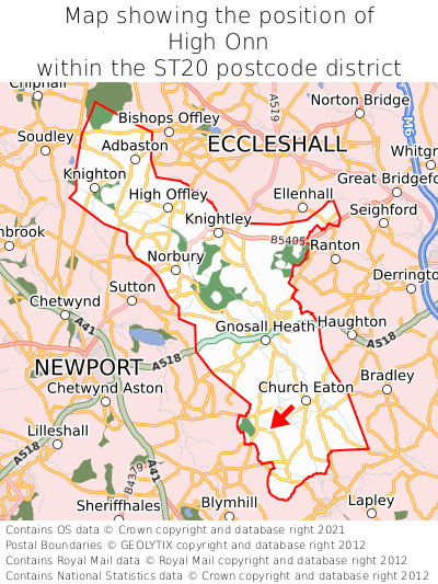 Map showing location of High Onn within ST20