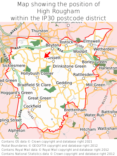 Map showing location of High Rougham within IP30