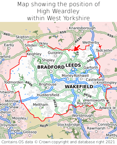 Map showing location of High Weardley within West Yorkshire