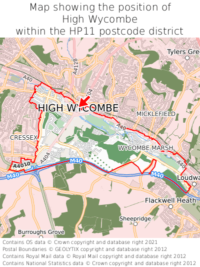 Map showing location of High Wycombe within HP11
