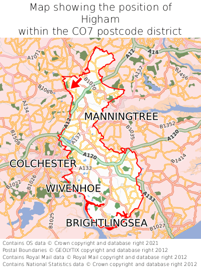 Map showing location of Higham within CO7