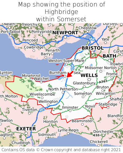 Map showing location of Highbridge within Somerset