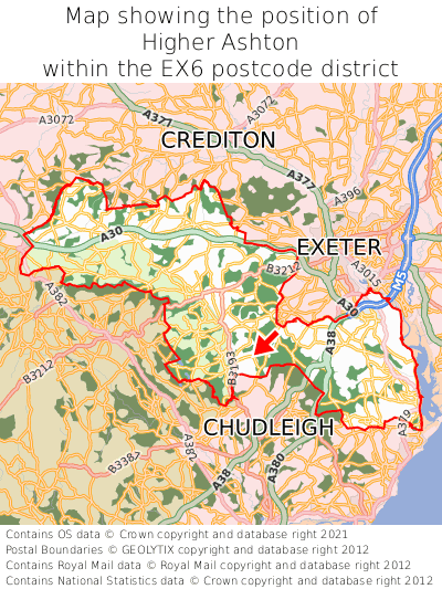 Map showing location of Higher Ashton within EX6