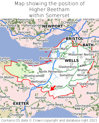 Map showing location of Higher Beetham within Somerset