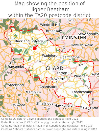 Map showing location of Higher Beetham within TA20