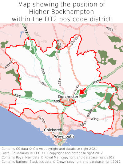 Map showing location of Higher Bockhampton within DT2